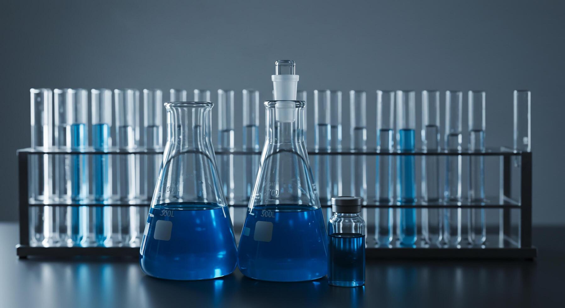 Blue Chemical Solution in Flasks and Test Tubes in Laboratory Setting photo
