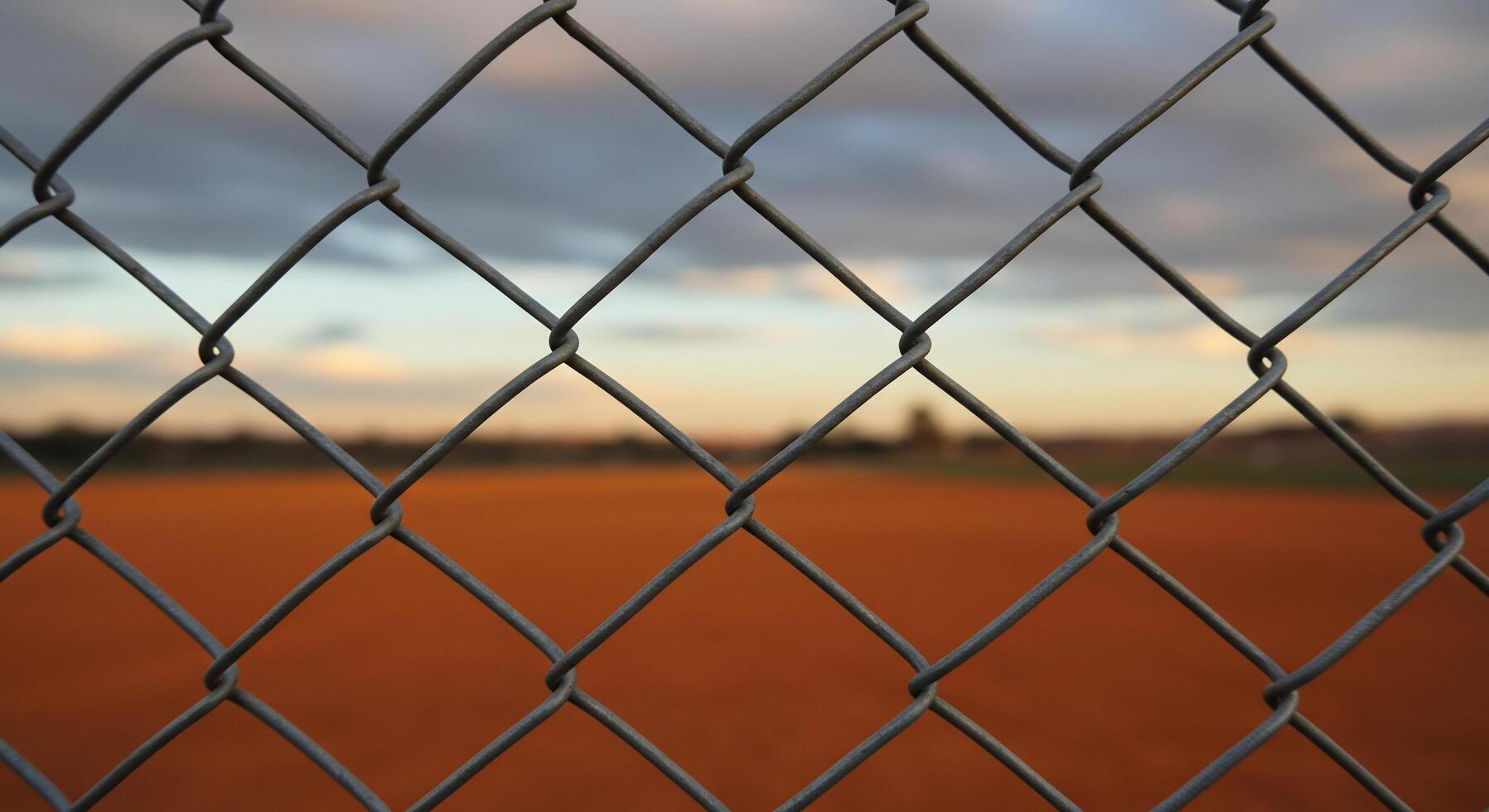 Chain Link Fence with Blurred Orange Field and Cloudy Sky photo