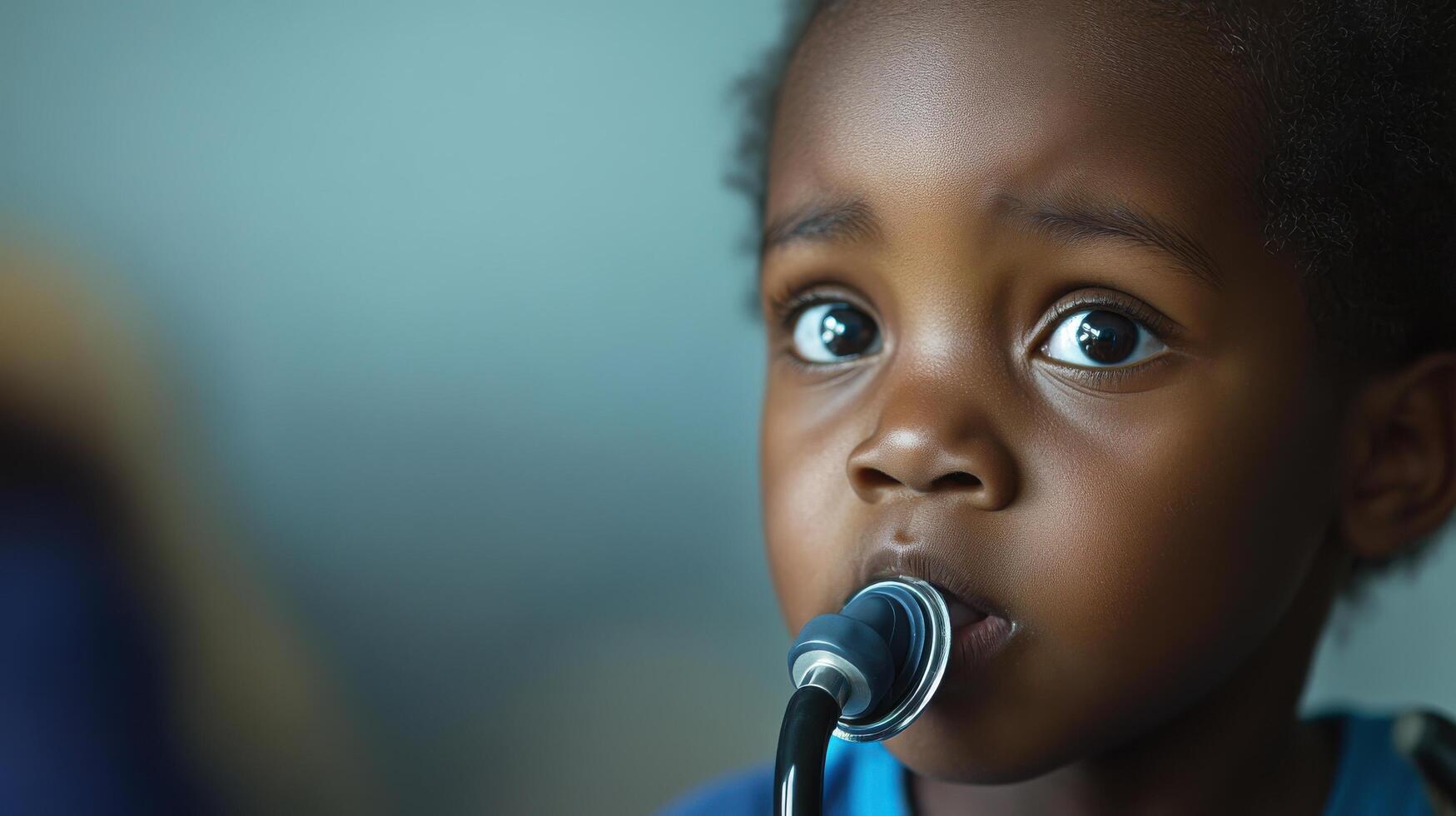 Child using peak flow meter for asthma monitoring photo