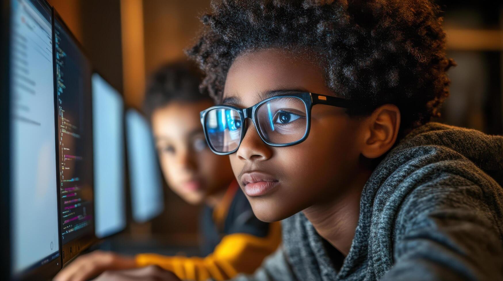 Engaged students learning coding skills with computers and focus photo