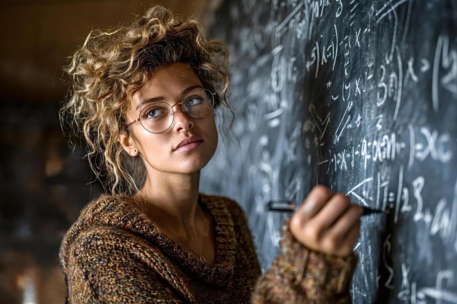 Scientist writing complex formula on blackboard while thinking photo