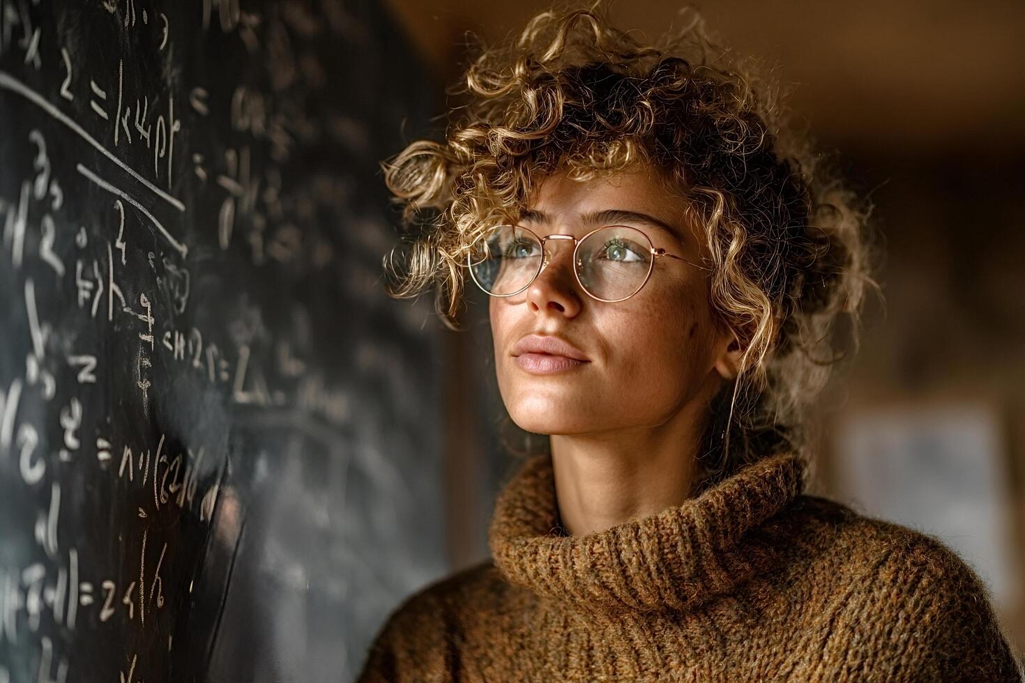 Scientist looking up while thinking next to blackboard with mathematical equations photo