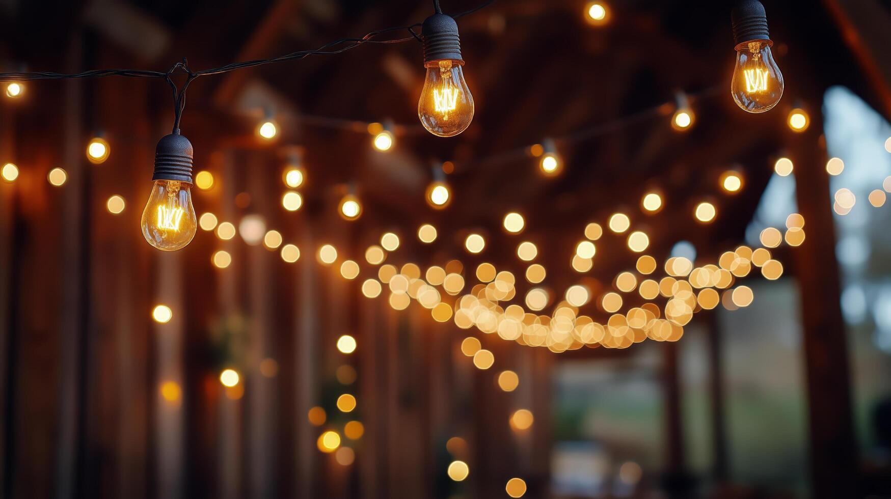 Charming String Lights Illuminate a Rustic Venue During an Evening Gathering in the Countryside photo