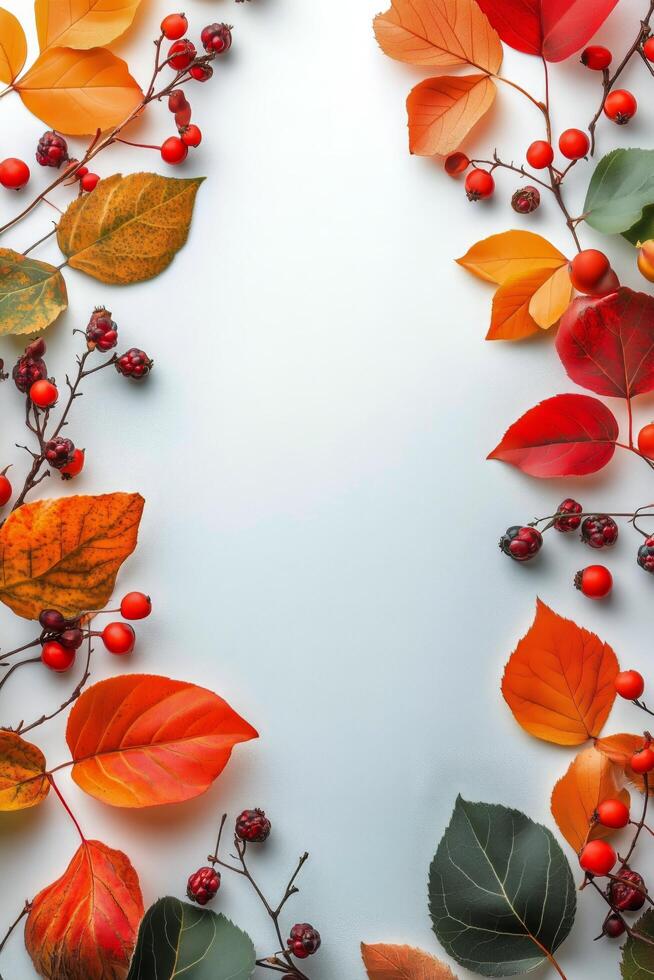 Colorful Autumn Leaves and Berries Create a Vibrant Border With Empty Space for Text or Design photo