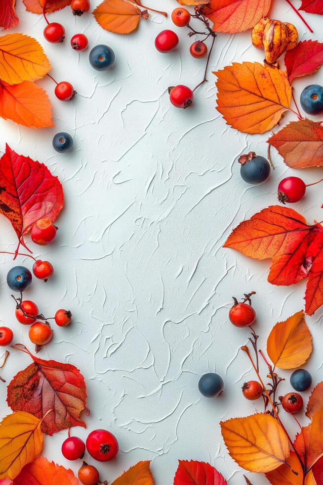 Colorful Autumn Leaves and Berries Create a Vibrant Border With Empty Space for Text or Design. photo