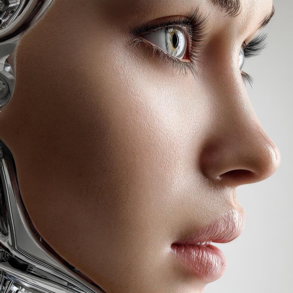 A woman wearing a silver robot head photo