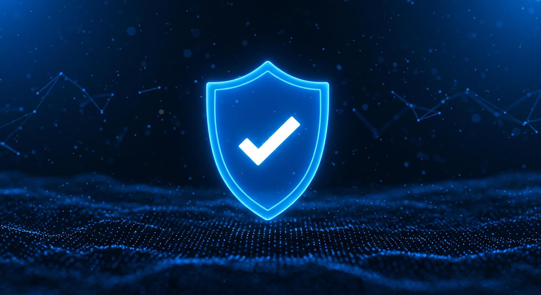 Glowing shield with checkmark above textured grid. IT security verification use photo