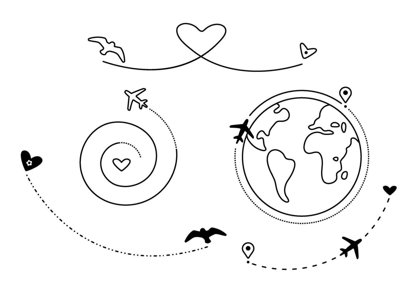 Bird and airplane path set, plane route collection, flight ways with destinations. Black line, dashed and dotted signs, aircraft tracking in a few variations vector