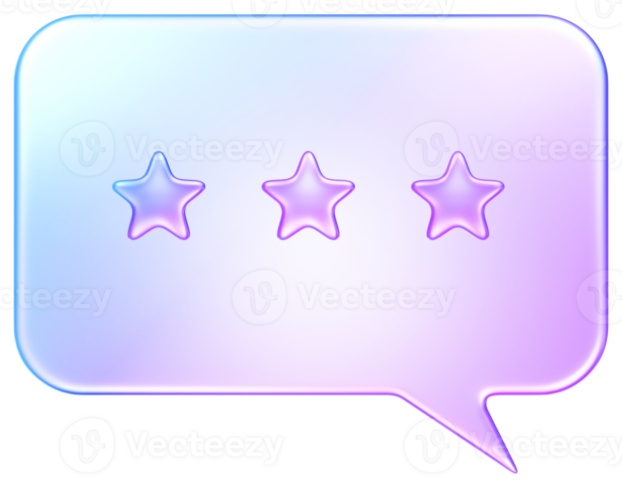3D speech bubble icon with stars in translucent glass style, representing review, feedback, comment, rating, or communication. png