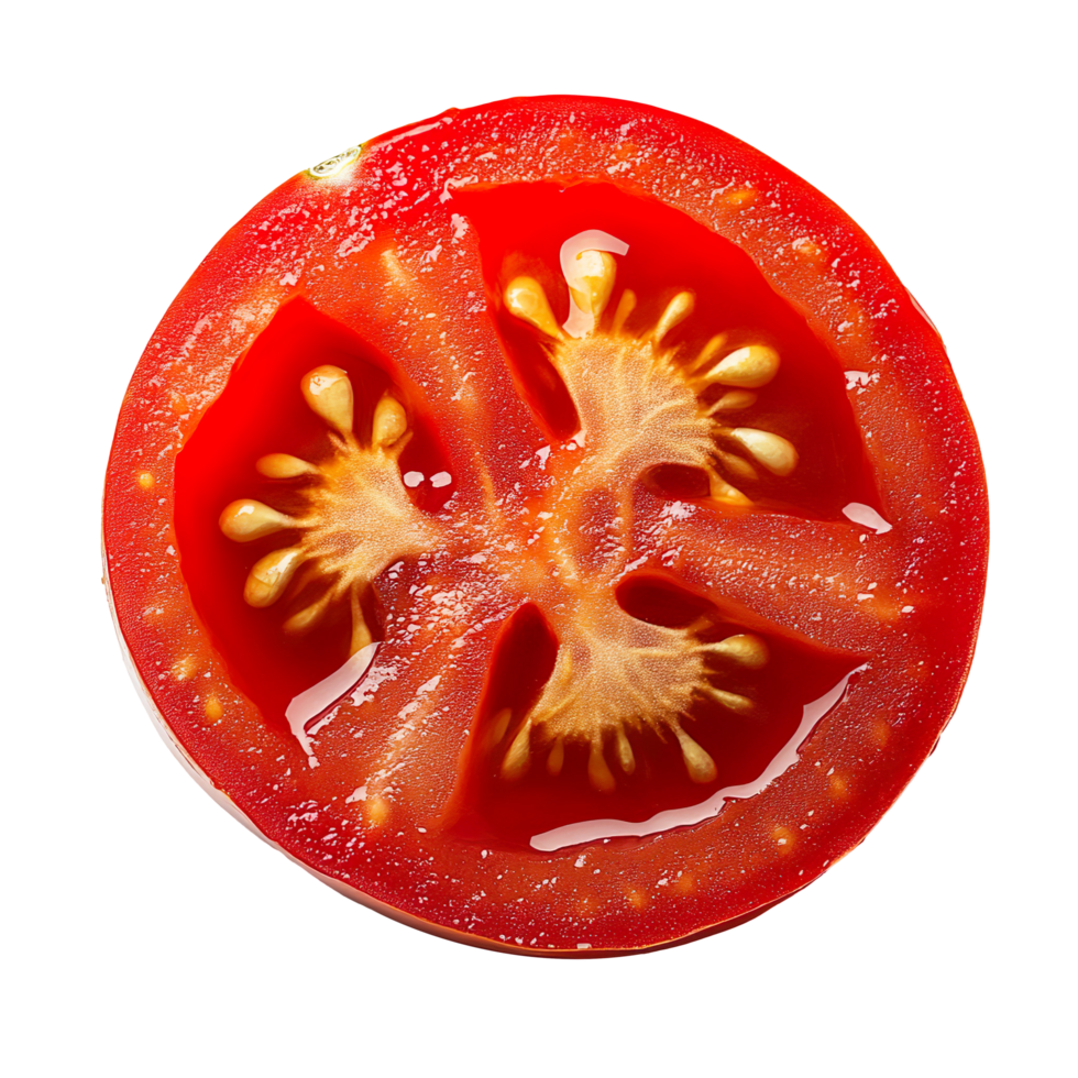 Appetizing Realistic Closeup of Fresh Juicy Tomato Slices with Seeds on transparent background png
