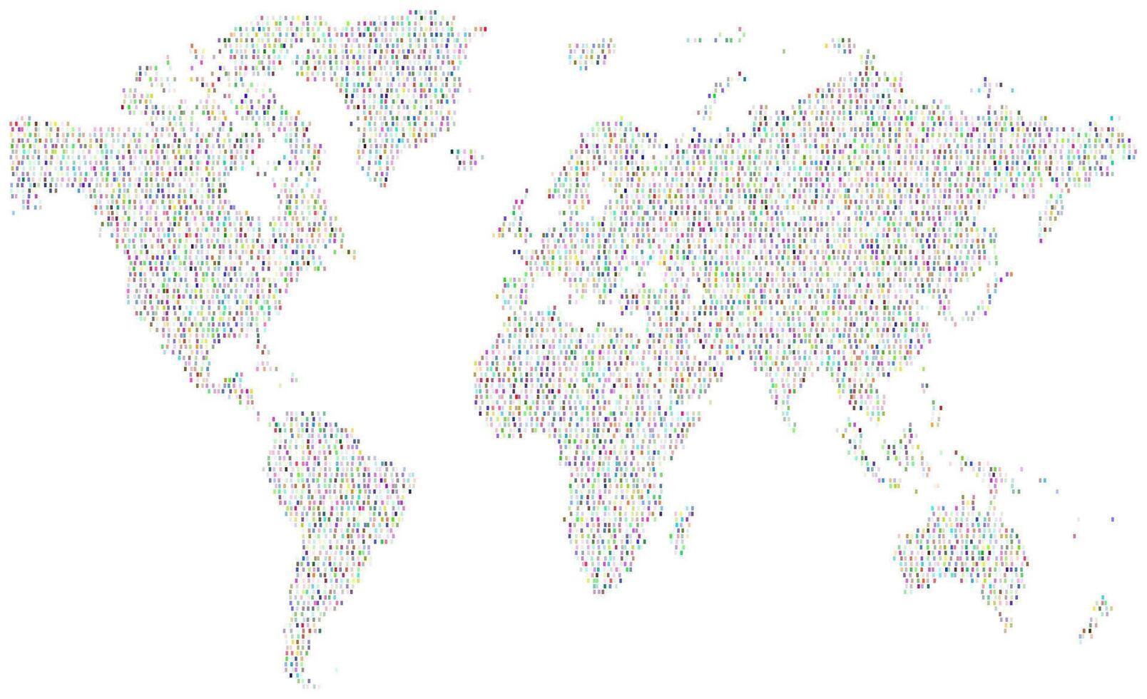 World map dotted with squire multicolour shapes showing colourful continents. A modern theme for global business visualization and abstract cartographic concepts. vector