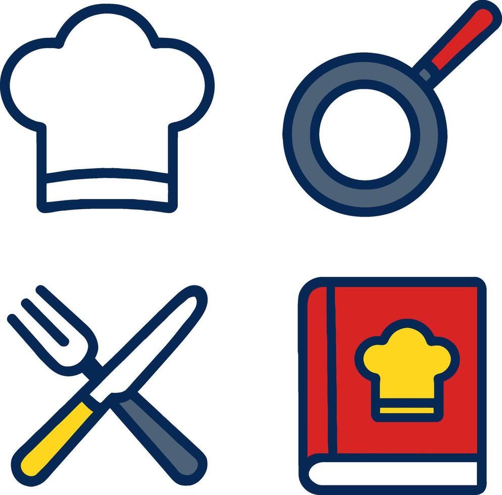 Flat Kitchen Icon Set with Chef Hat, Frying Pan, Cutlery, and Recipe Book vector