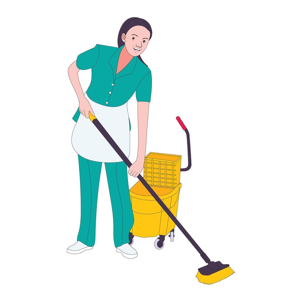 Female janitor doing floor cleaning using mop and yellow bucket in uniform and apron vector