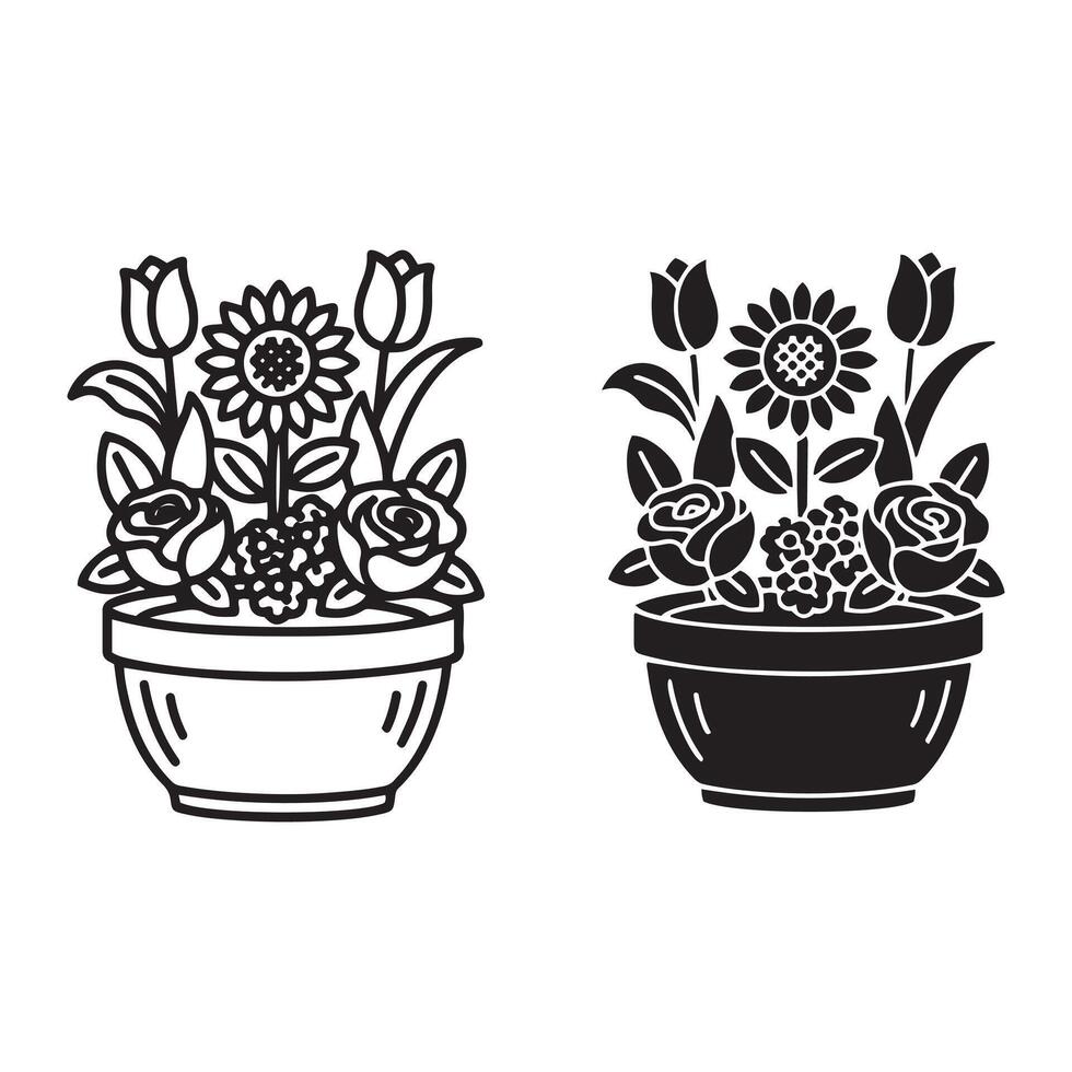 Two potted flower arrangements in outline and solid styles vector