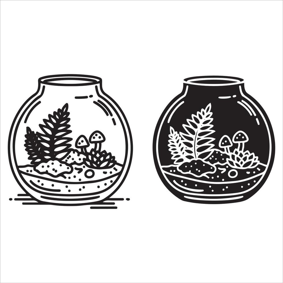 Two glass terrariums showing miniature ecosystems with plants and fungi vector