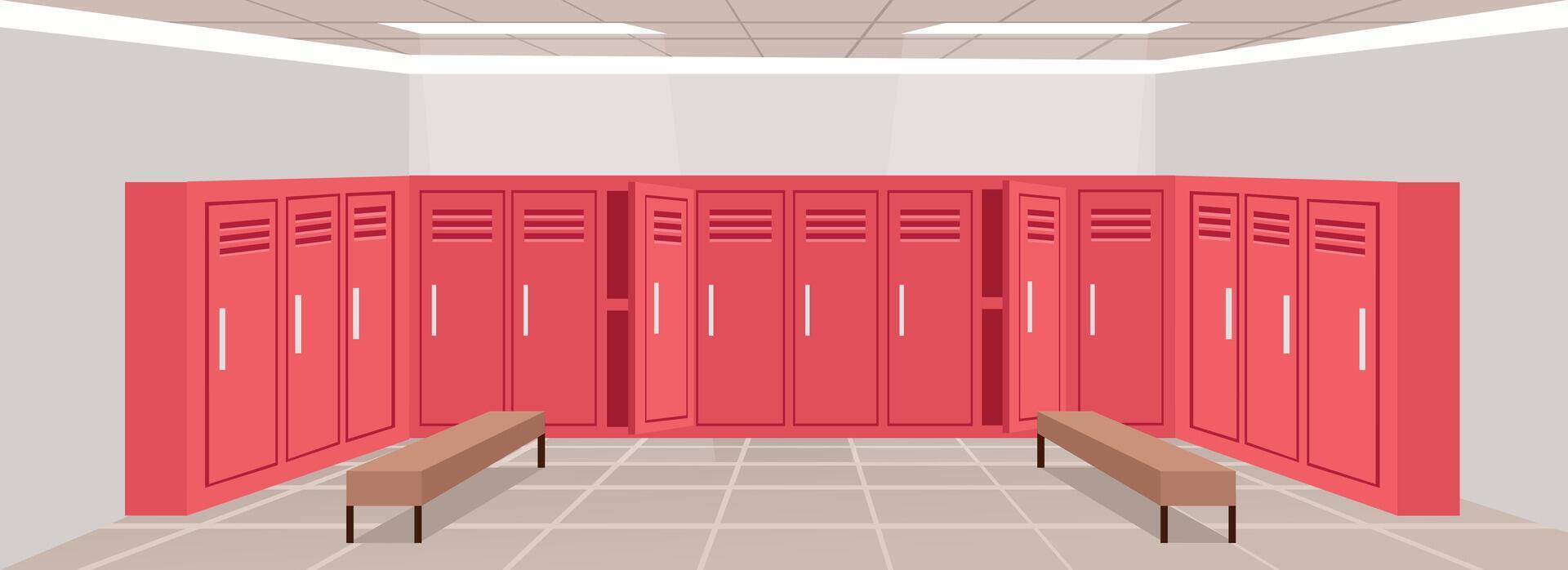 Red locker room interior with benches vector