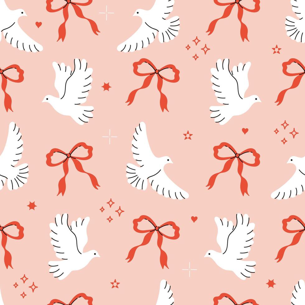 Seamless pattern with white doves and red bows. graphics. vector