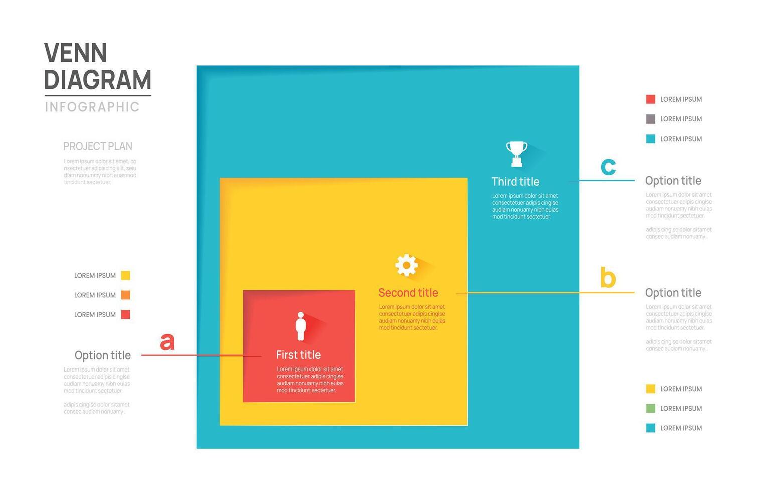 Venn diagram business infographic square chart template 3 steps options, presentation with venn diagram elements. vector
