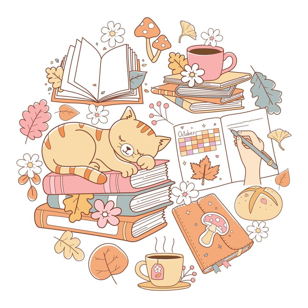 Cat sleeping on stacked books vector