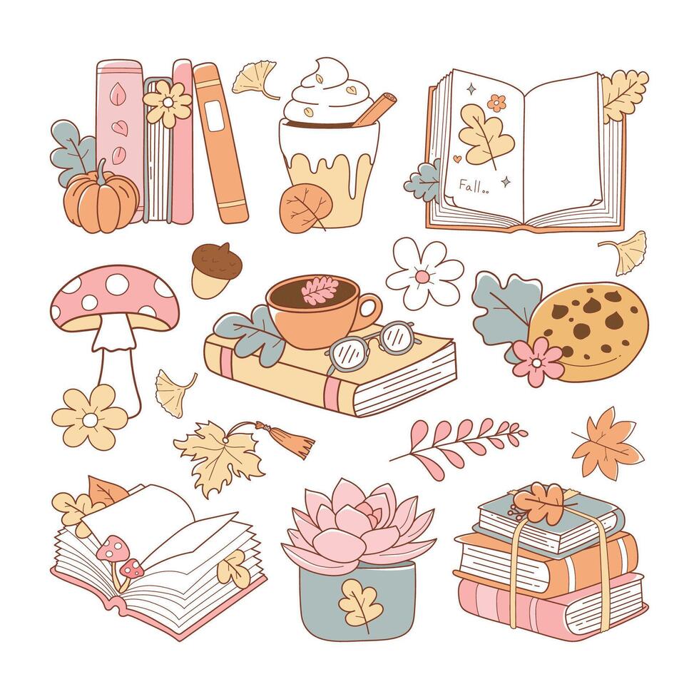 Fall illustrations with books and plants vector