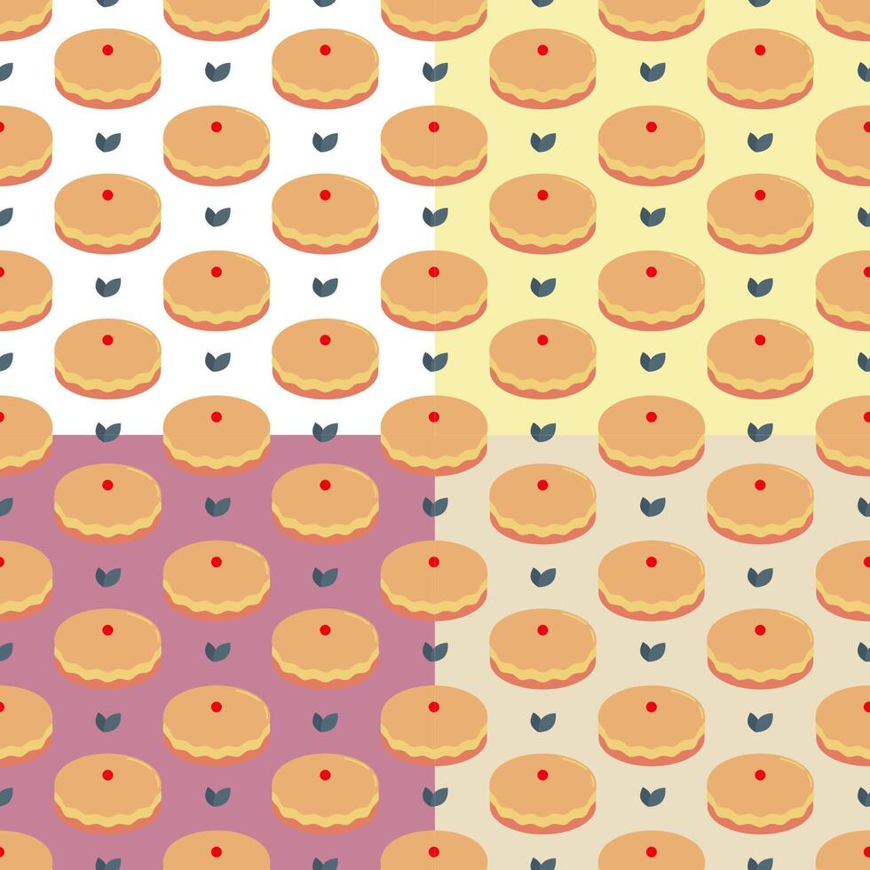 Set of seamless patterns with pie, cake with cherry on top. Exotic dessert with tea vector