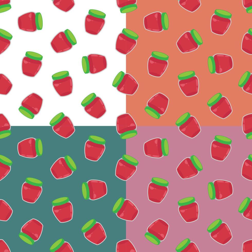 Set of seamless patterns with packaged jar of jam or compote in doodle vector