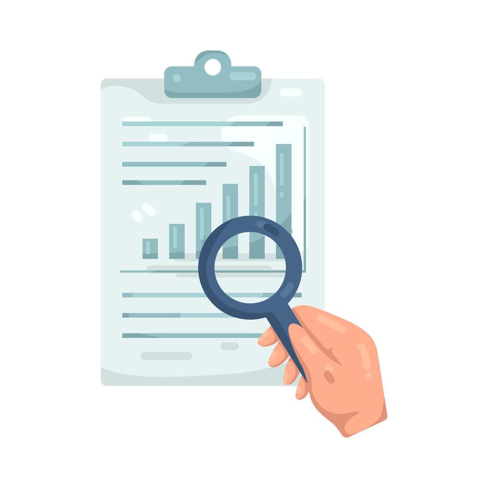 Illustration of Hand Analyzing Data on Report with Magnifying Glass vector