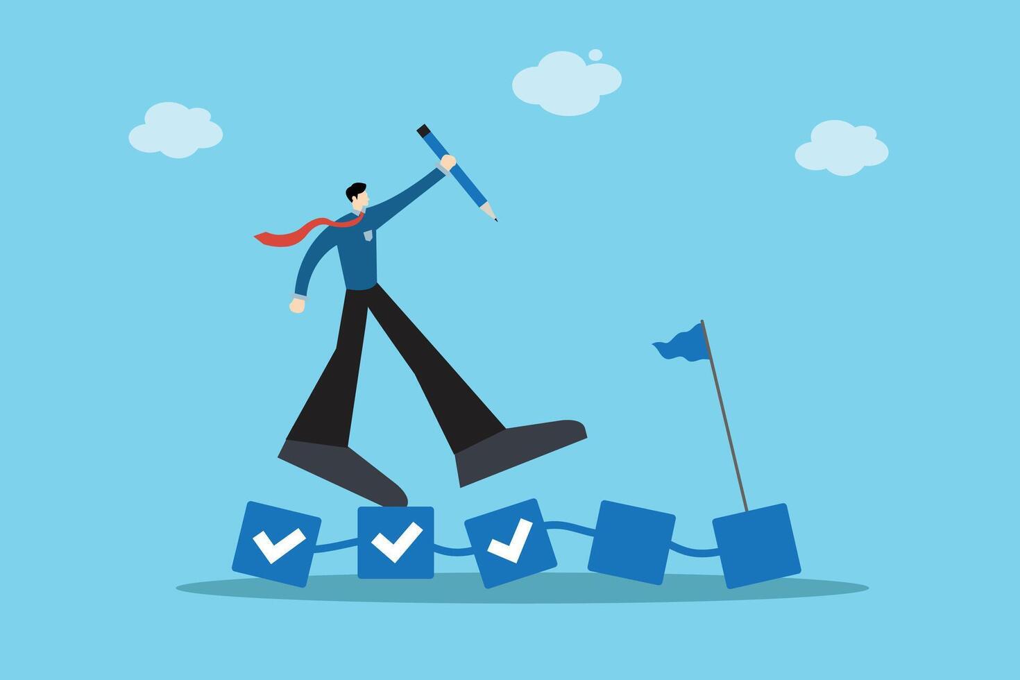Businessman walking confidently on checkmarks path towards a flag goal, symbolizing task completion and progress. vector