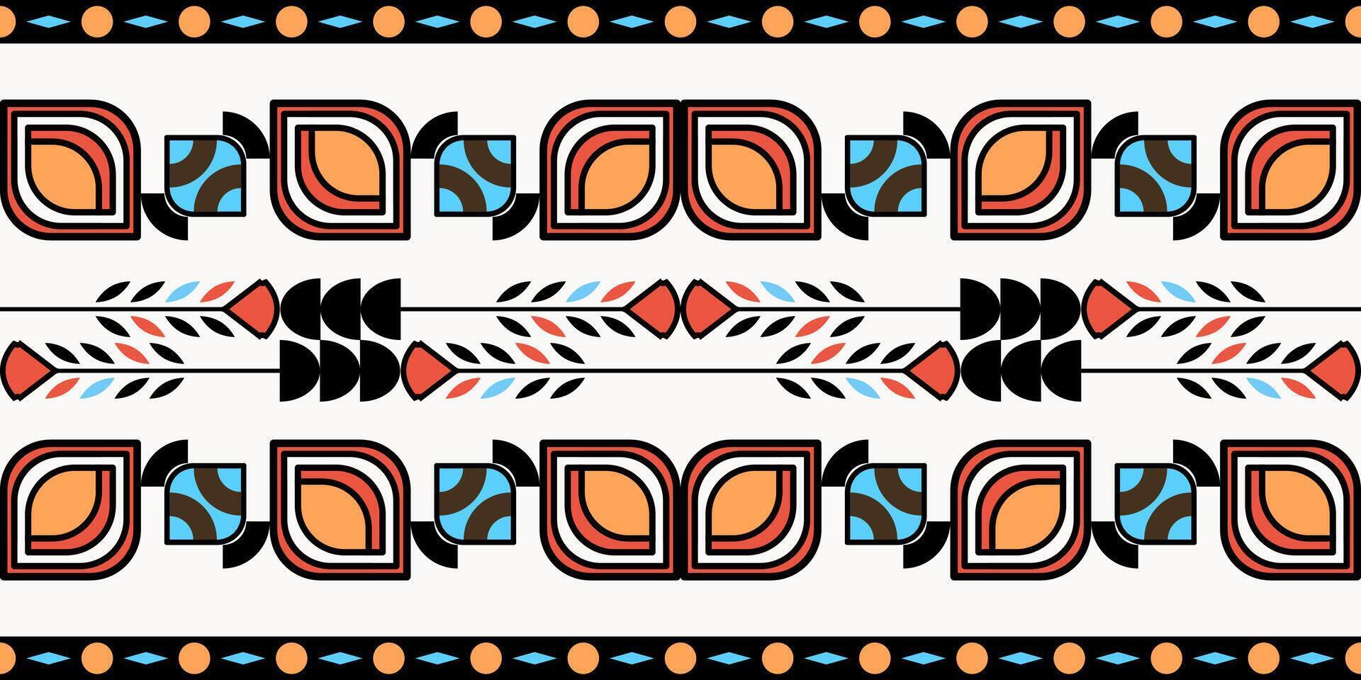 Colorful geometric motif with symmetrical shapes border seamless pattern. vector