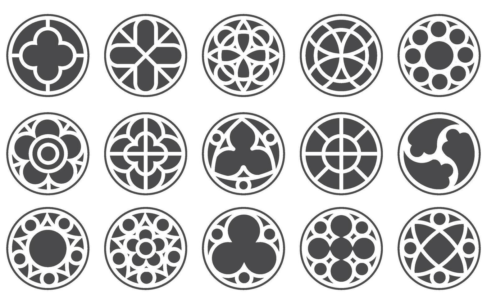 Gothic circle rose window with medieval ornament. Silhouettes of cathedral rosettes. Christian architecture elements with stained glass on white background. Radial frame. vector