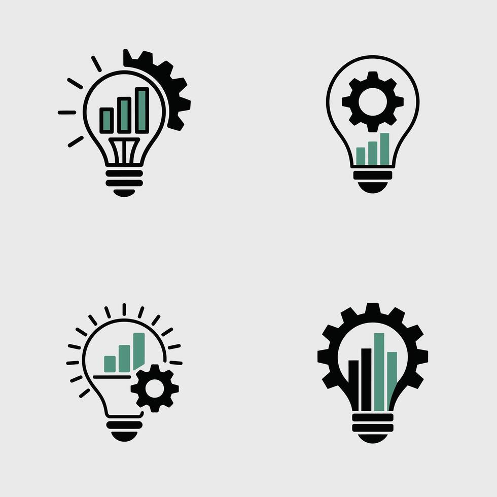 Four Lightbulb Icons Featuring Bar Graph and Gear Illustrations Green and Black Color Scheme Business Concept Graphics vector