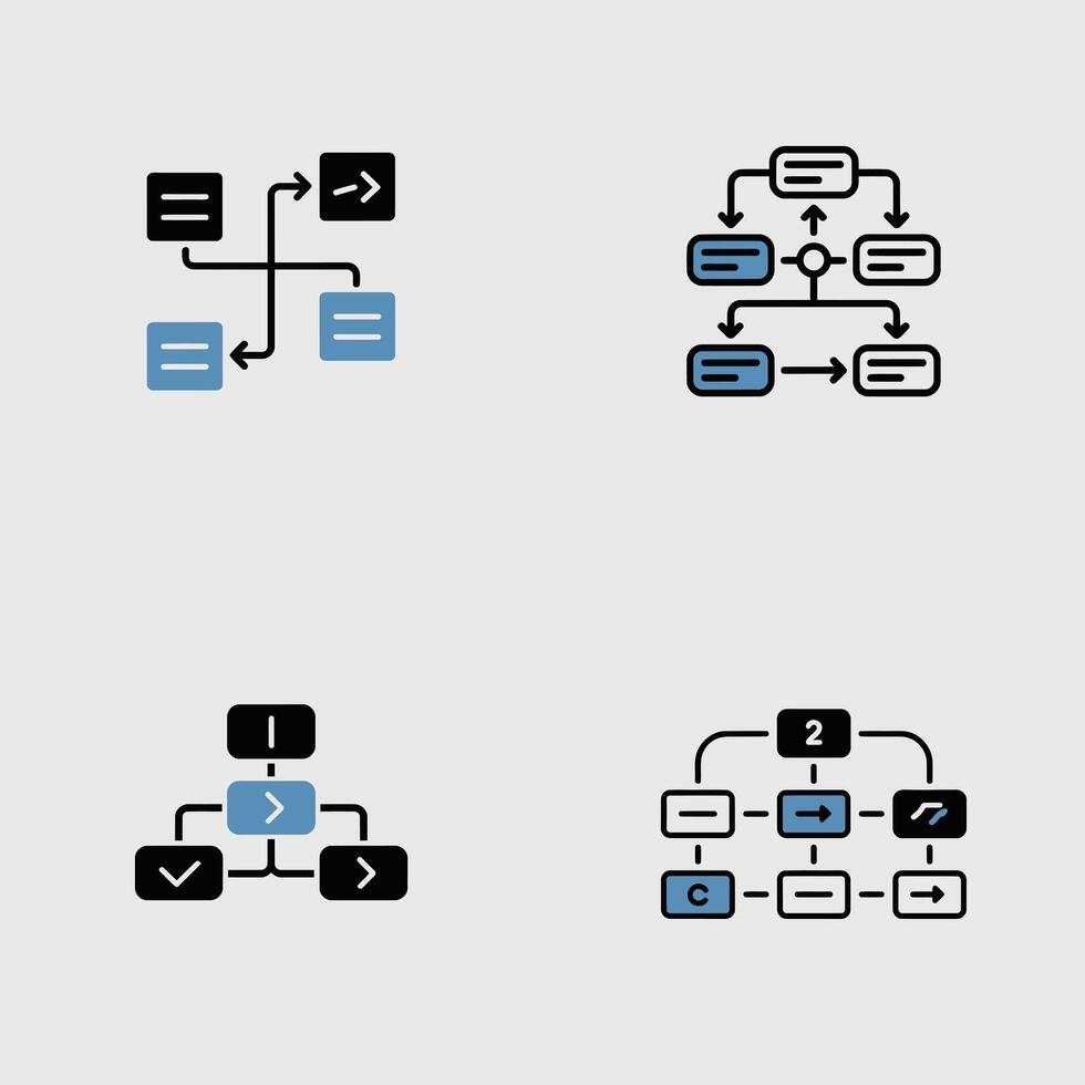 Four Simple Flowchart Diagrams with Black and Light Blue Rectangles and Arrows Illustrating Process Steps and Decision Points vector