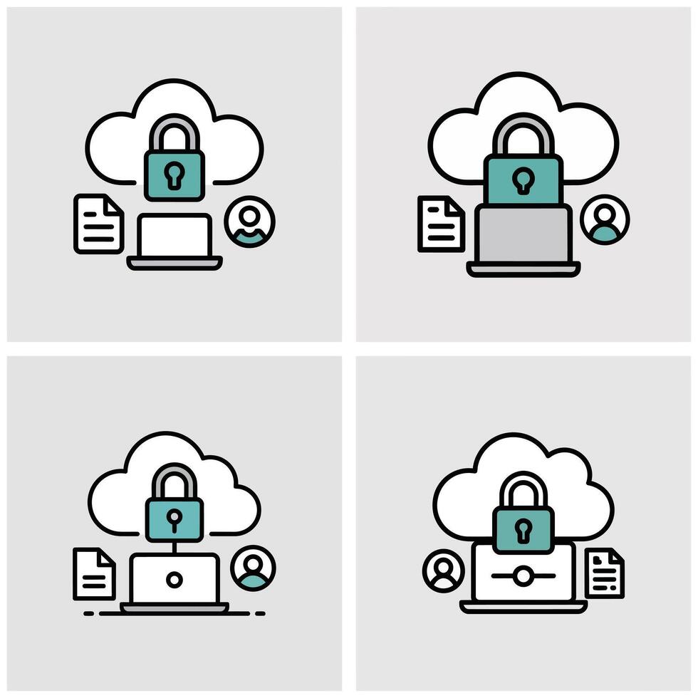 Four teal and black cloud computing security icons depicting a laptop document user and padlock inside a cloud on a gray background vector