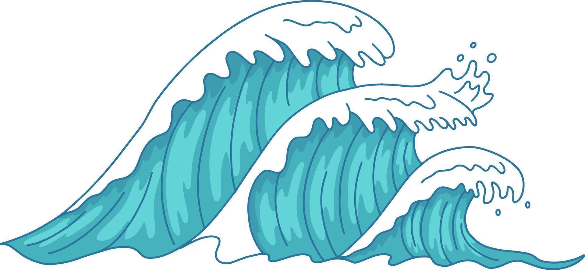 Three cartoon waves with white foam are breaking on the surface, evoking a sense of power and movement in a stylized and dynamic marine scene vector