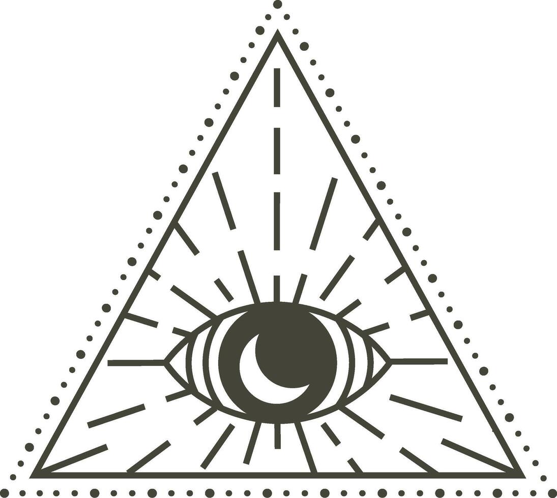 Minimalist illustration featuring an all seeing eye with a crescent moon pupil inside a triangle. Radiating light beams and surrounded by dots. Symbolizing spirituality and esoteric knowledge vector