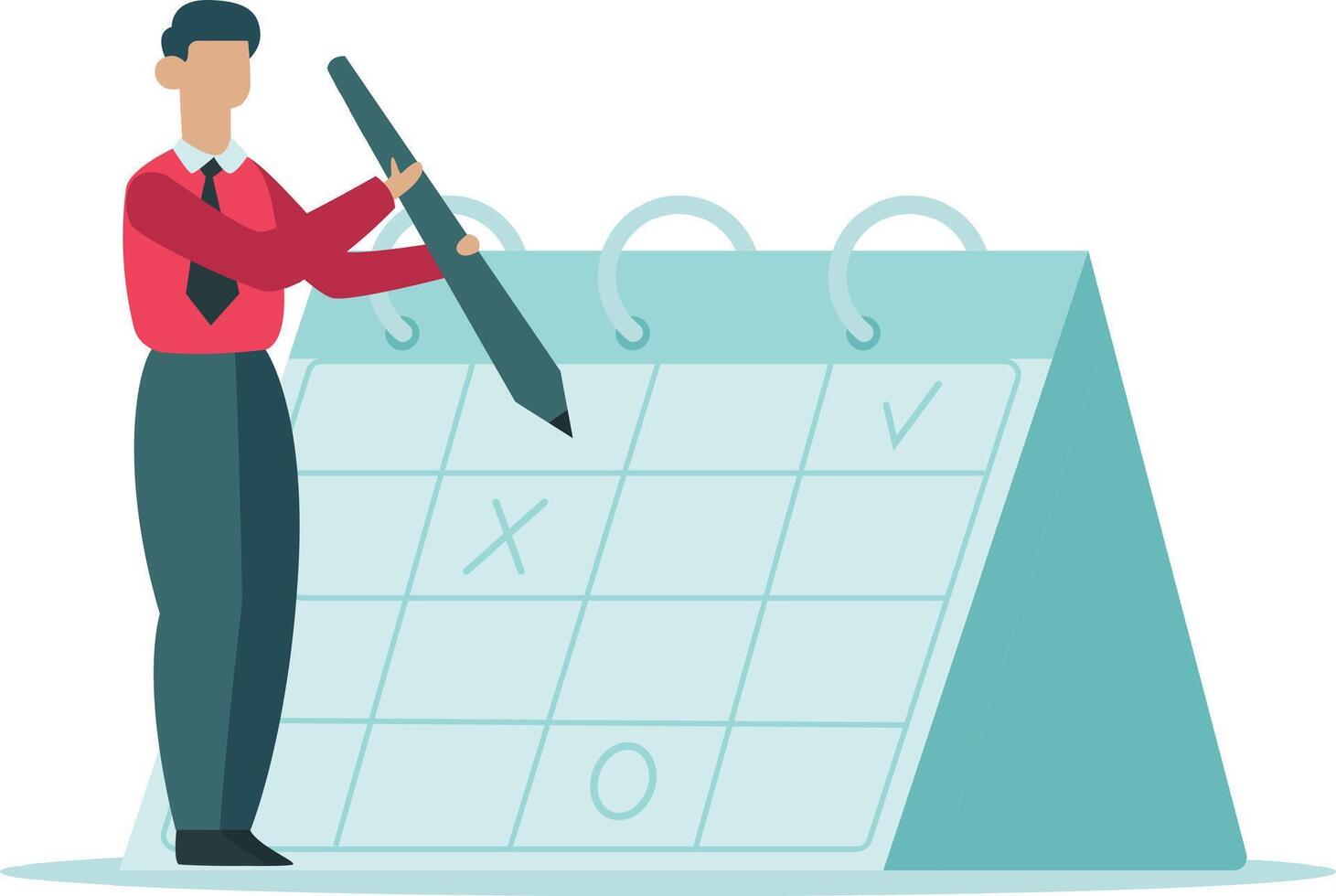 Businessman holding a large pencil is marking and checking dates and deadlines on a giant desktop calendar, planning and scheduling future appointments vector