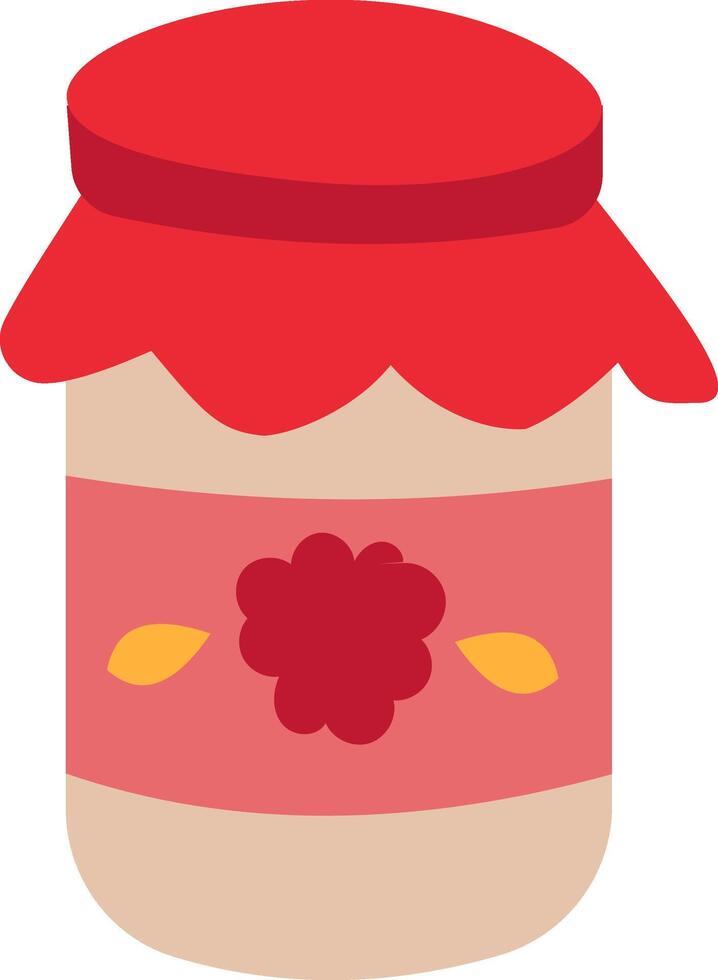 Closed jar of raspberry jam featuring a vibrant red lid and a label adorned with a stylized flower and leaves, presented as an isolated illustration against a clean white background vector
