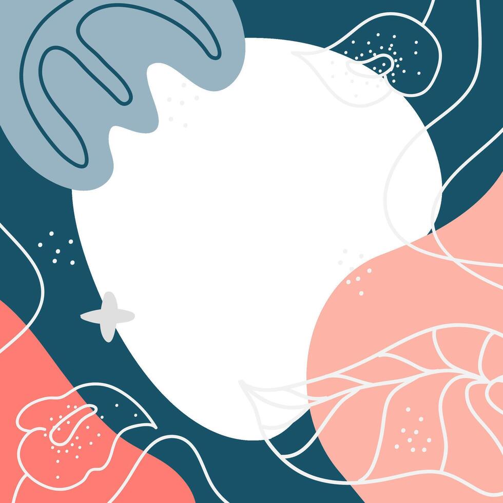 Abstract background with hand drawn organic shapes, leaves, and dots framing a white circle with copy space, creating a modern and artistic design vector