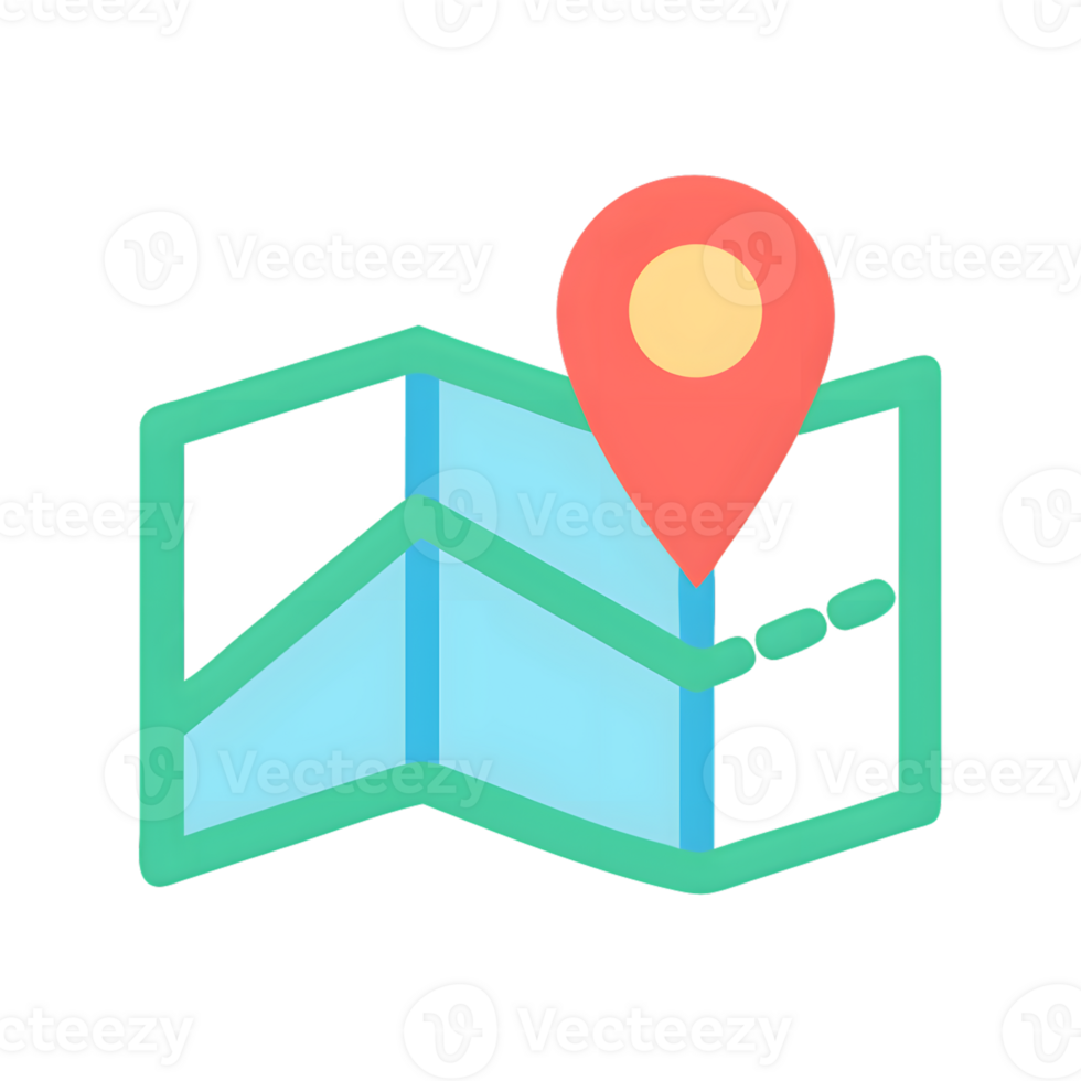 Folded map with location marker isolated on a transparent background navigation route png
