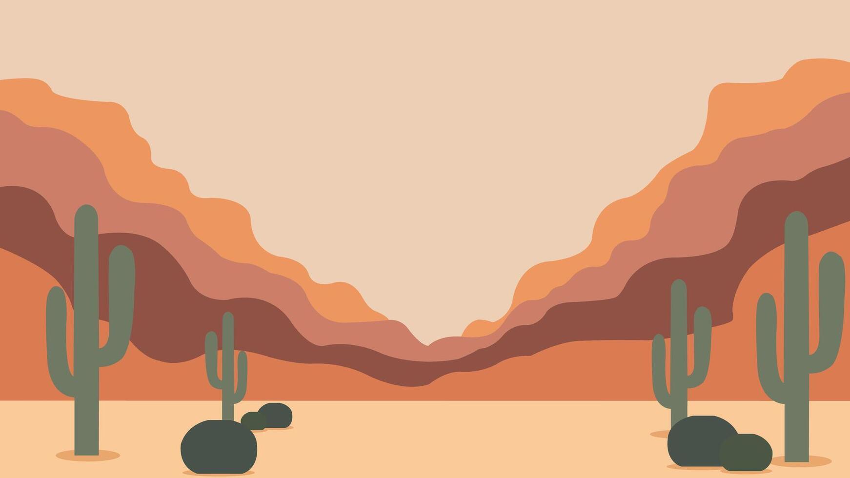 Desert scene with layered canyon cliffs, flat horizon, and multiple cacti, designed in a minimalist style that captures the warm and dry atmosphere of the desert. vector