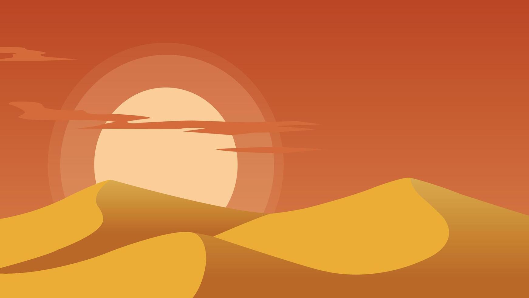 Flat minimalist art of sun setting behind desert dunes, with flowing sand shapes and soft gradients that evoke the calm of an evening in the desert. vector