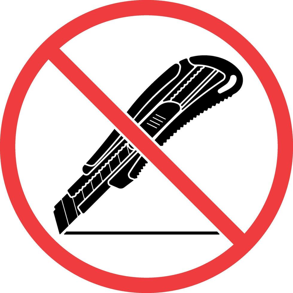 Black icon of a retractable utility knife with segmented blade crossed out in a red prohibition circle, without background vector