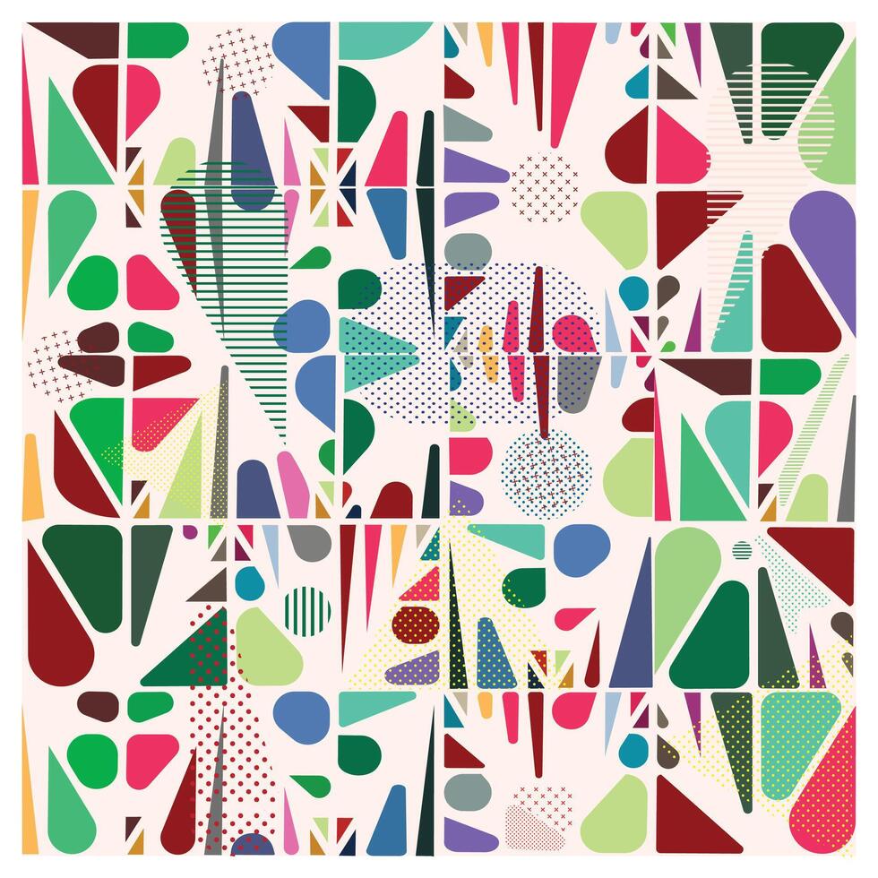 A vibrant abstract design featuring geometric shapes in various colors, arranged in a grid on a light background. vector