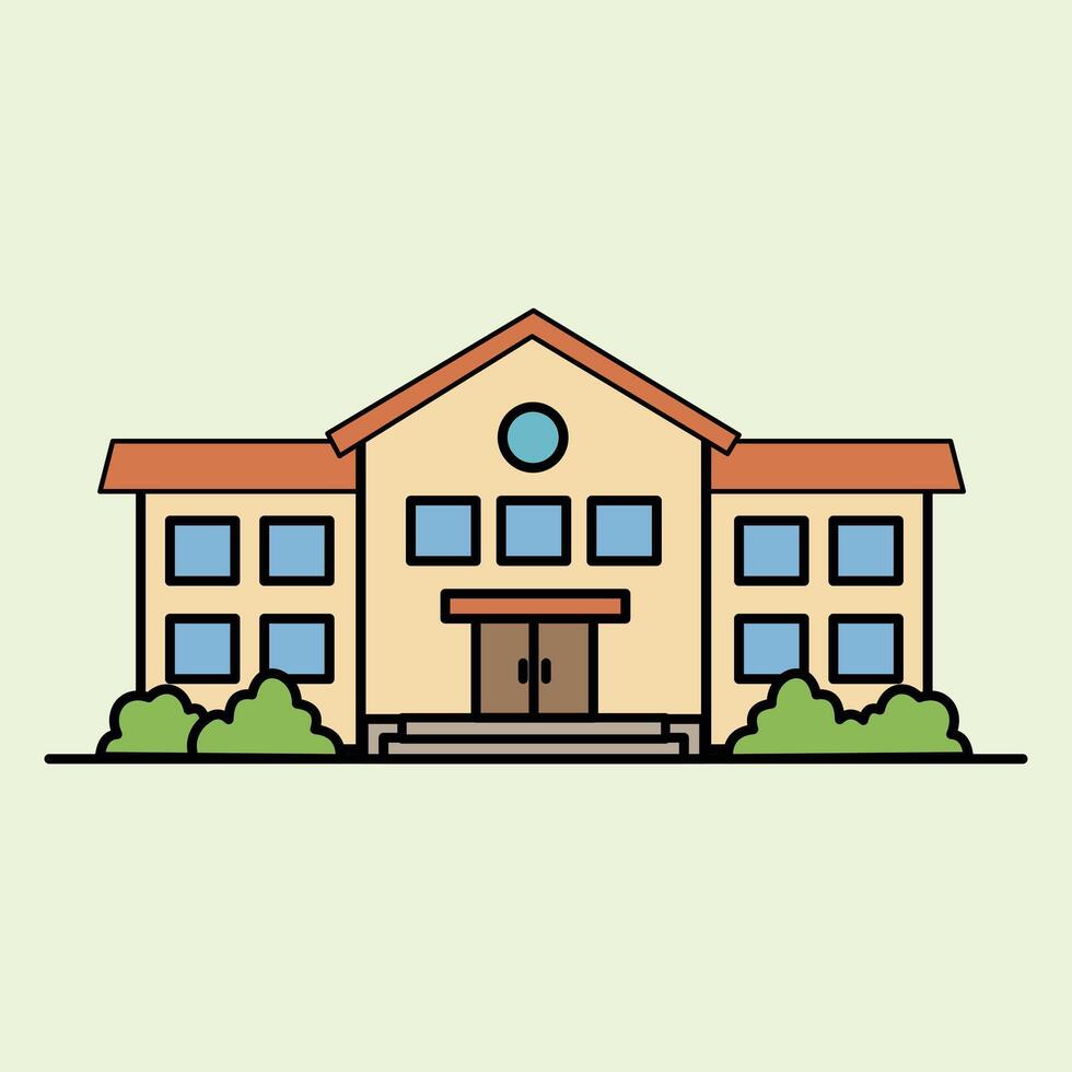 Illustration of a school building with a simple design, symmetrical windows, a red triangular roof, and green bushes in the foreground, depicting a friendly educational environment. vector