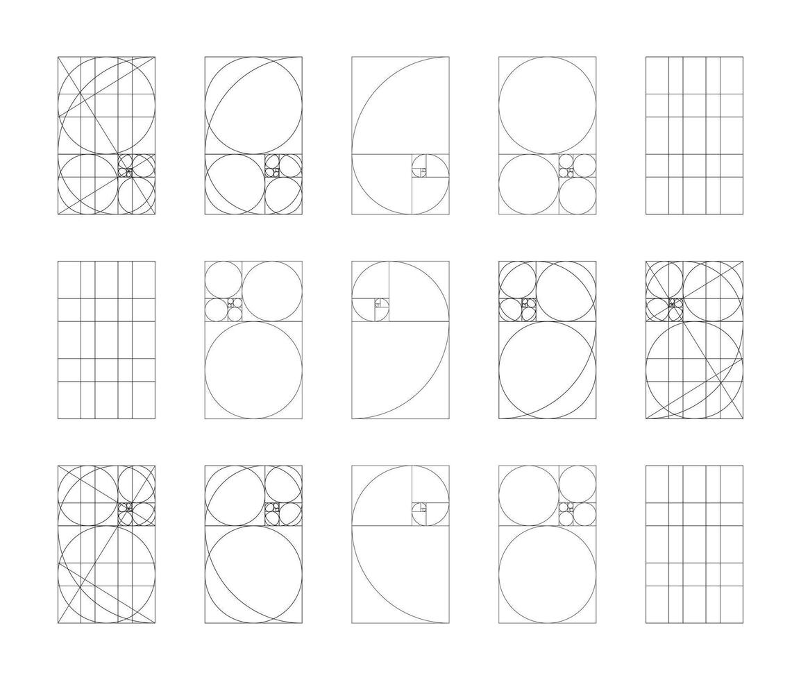 Fibonacci array, numbers shapes. Golden ratio. Harmony proportions frame templates. Method golden section. Harmony proportions black grids. Outline thin graphic illustration. vector
