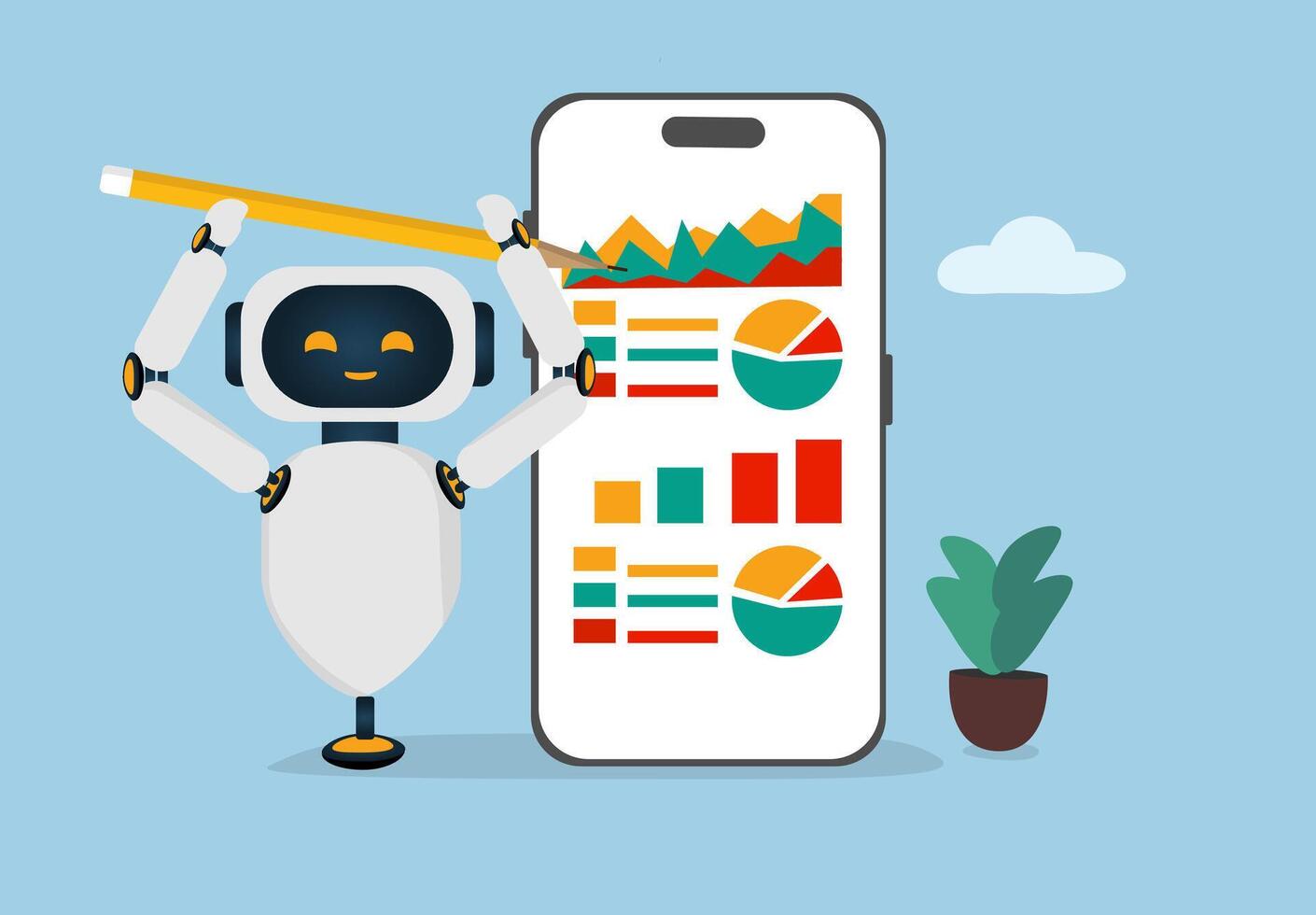 Artificial Intelligence Robot Analyzing Data with Smartphone Dashboard vector
