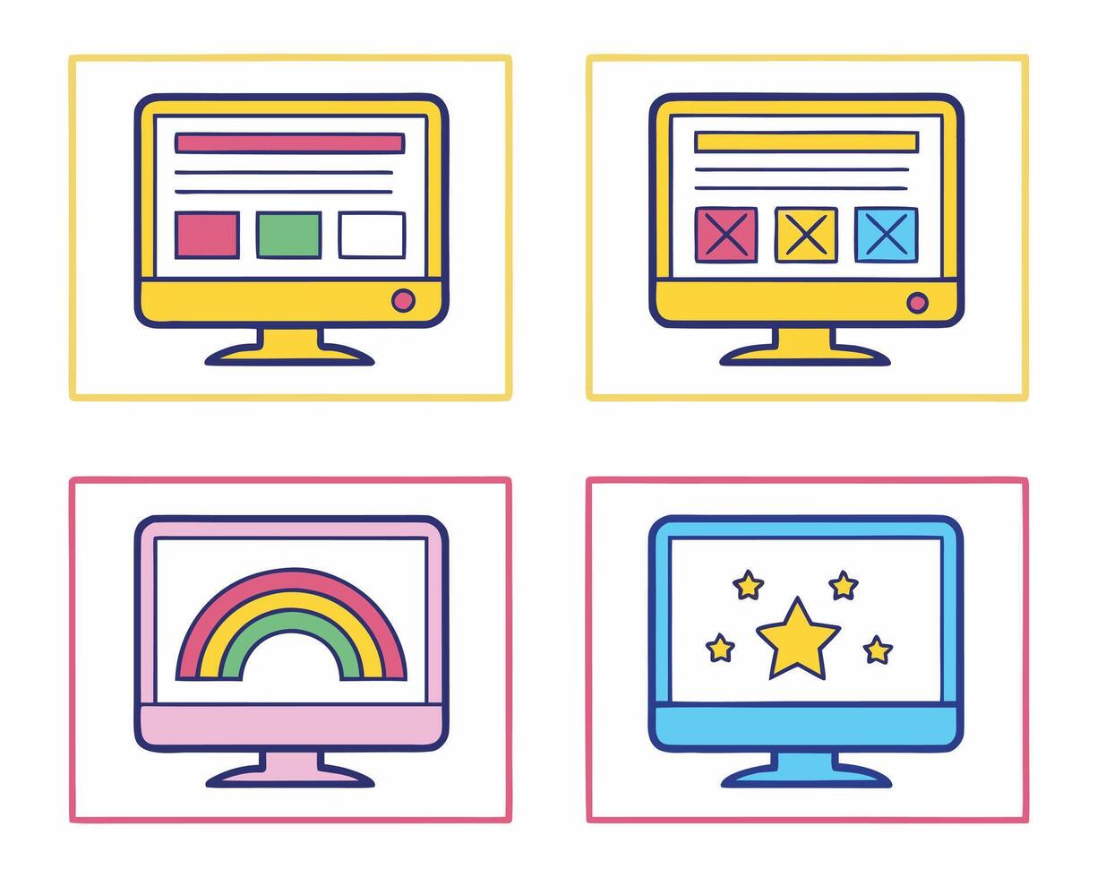 Colorful cartoon computers displaying different icons and designs with soft lines and shapes vector