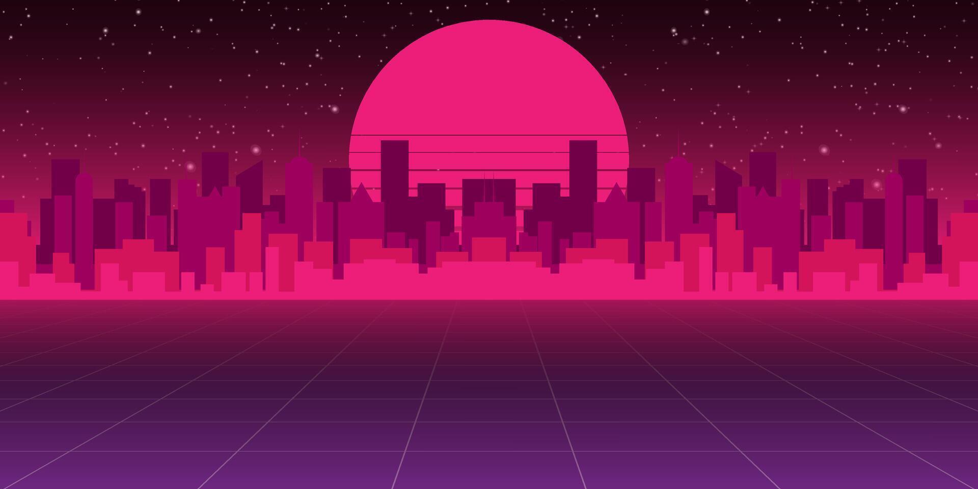 Retro neon background with 80s styled laser grid and stars from vintage arcade computer vector