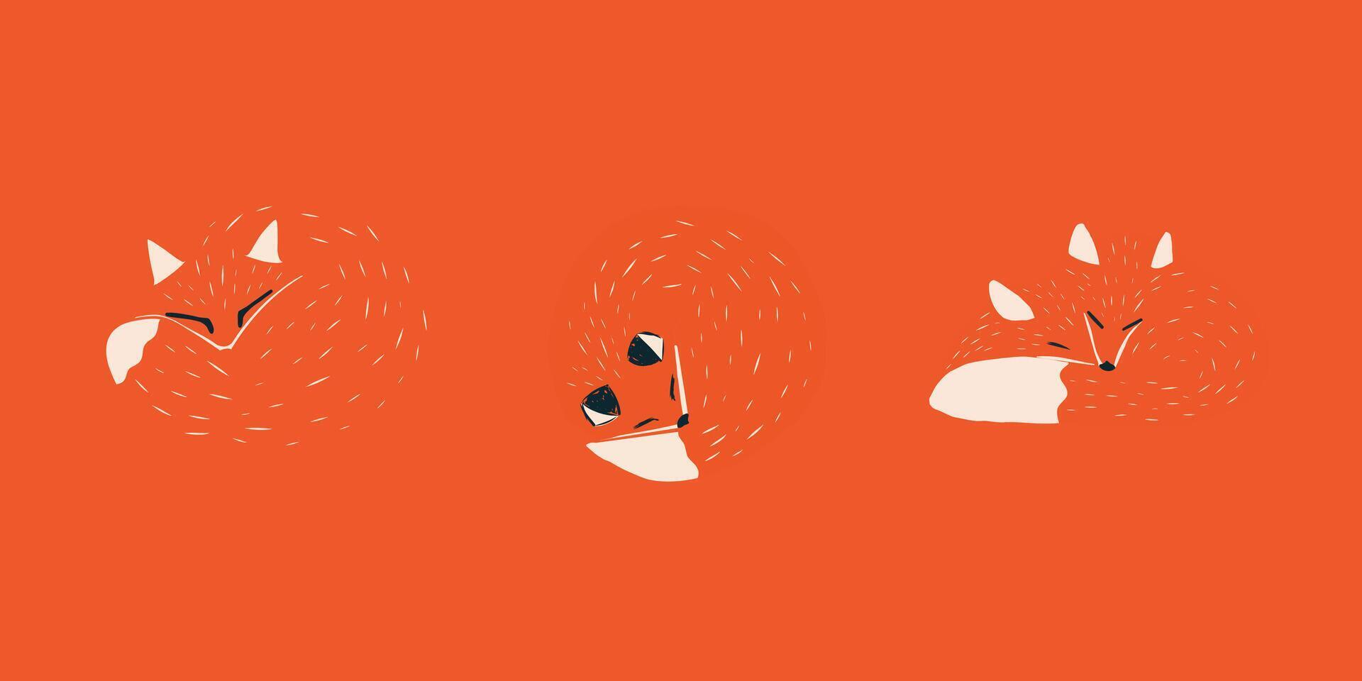 Set of curled up fox in negative space style autumn red fox illustration vector