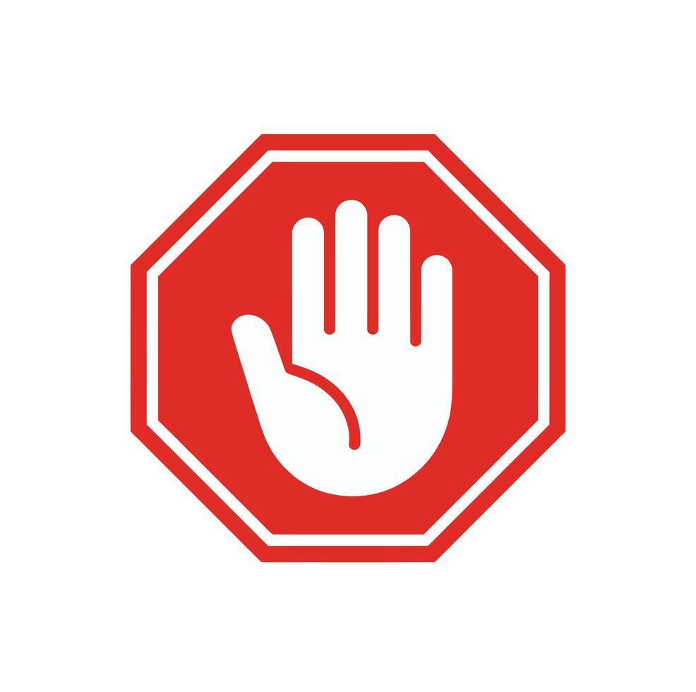 Red stop sign with a white hand indicating halt and preventing access for safety and prevention of accidents and hazards vector